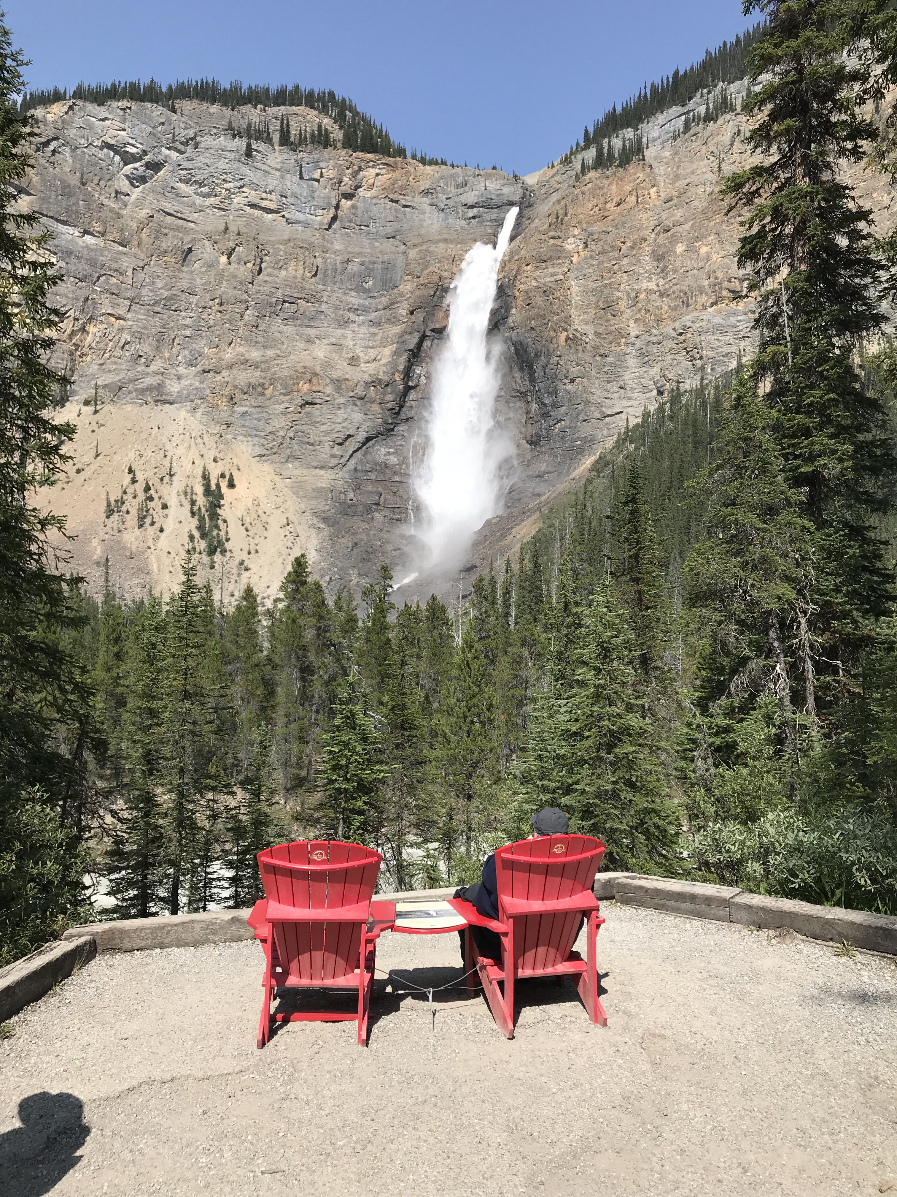 Red chairs at Takakkaw falls